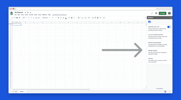 Screenshot showing the Sheetsync addon open inside Google Sheets